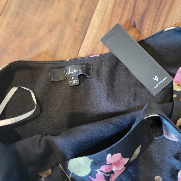 Lulus Black Floral Satin One-Shoulder Midi Dress size large - Picture 4 of 6